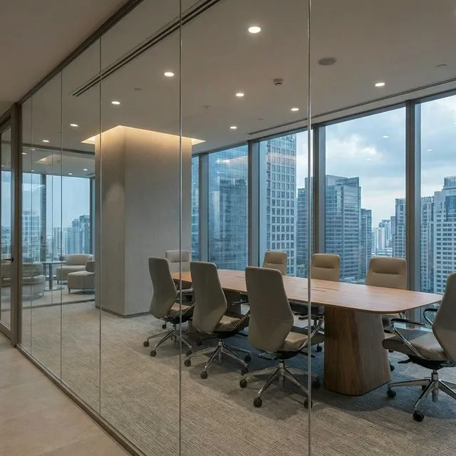 Abstract corporate meeting room with glass walls overlooking city skyline, neutral tones, professional atmosphere