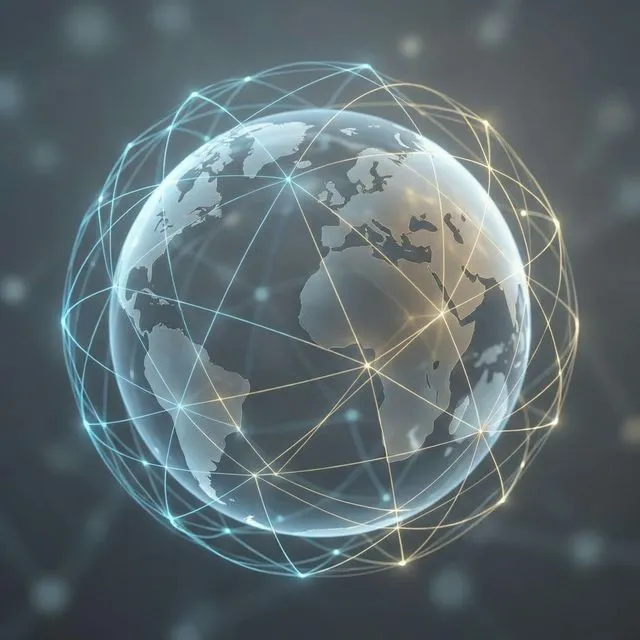 Abstract network connection lines across globe map, minimalist, elegant